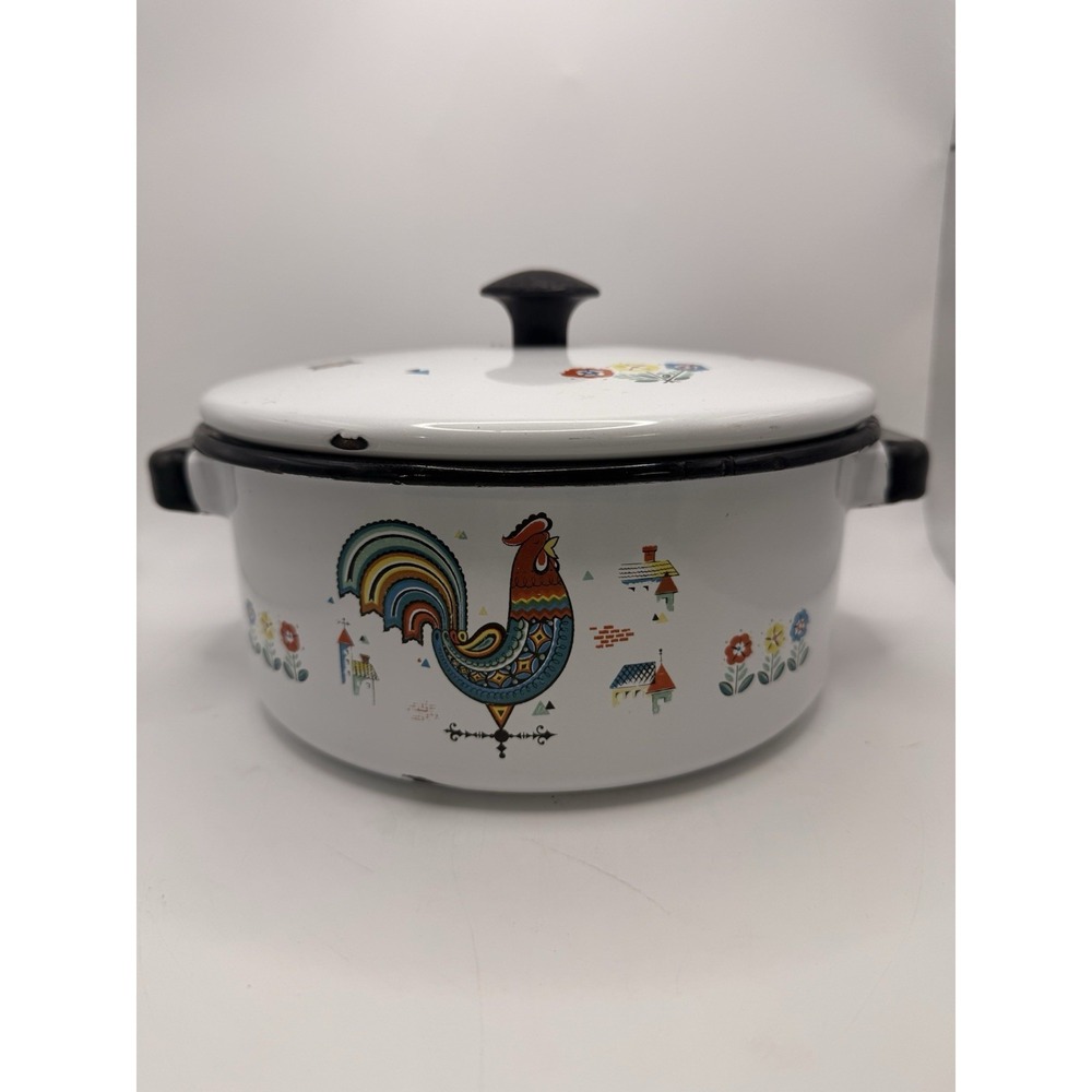 Vintage Berggren Swedish Folkart Enamelware Pot w/Lid "Denna Stuvning" Z10